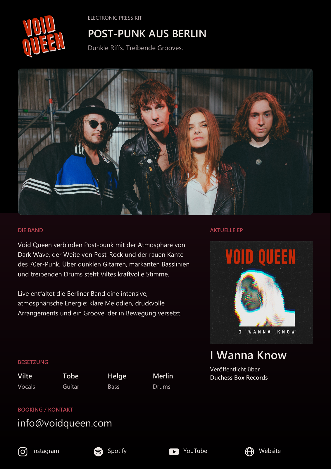 Void Queen Electronic Press Kit — Deutsch. PDF öffnen für lesbaren Text und anklickbare Links.